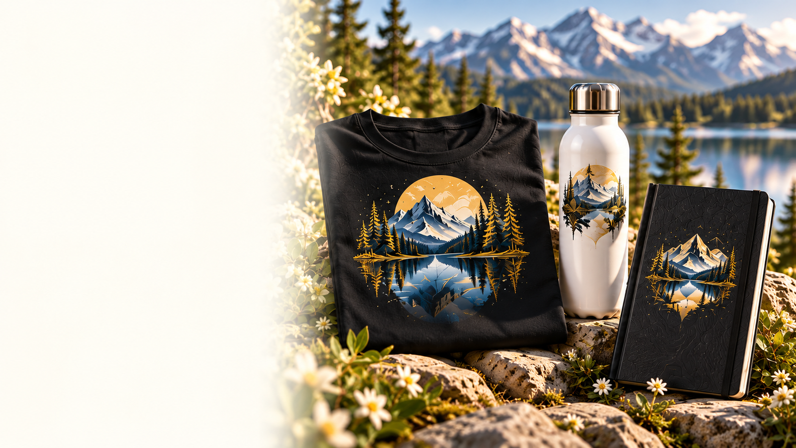 Créations B&Y dans un décor de montagne : T-shirt, gourde, carnet et objet personnalisé